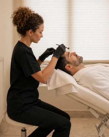 Esthetician administering a facial treatment to a smiling client