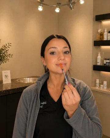 Esthetician selecting product during a treatment